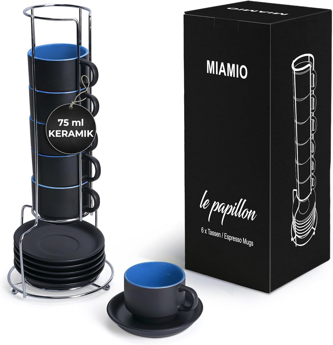MIAMIO - 6 x 75 ml Espressotassen Set/Espresso Tassen Set mit Untertasse & Ständer - Kaffeetassen Se