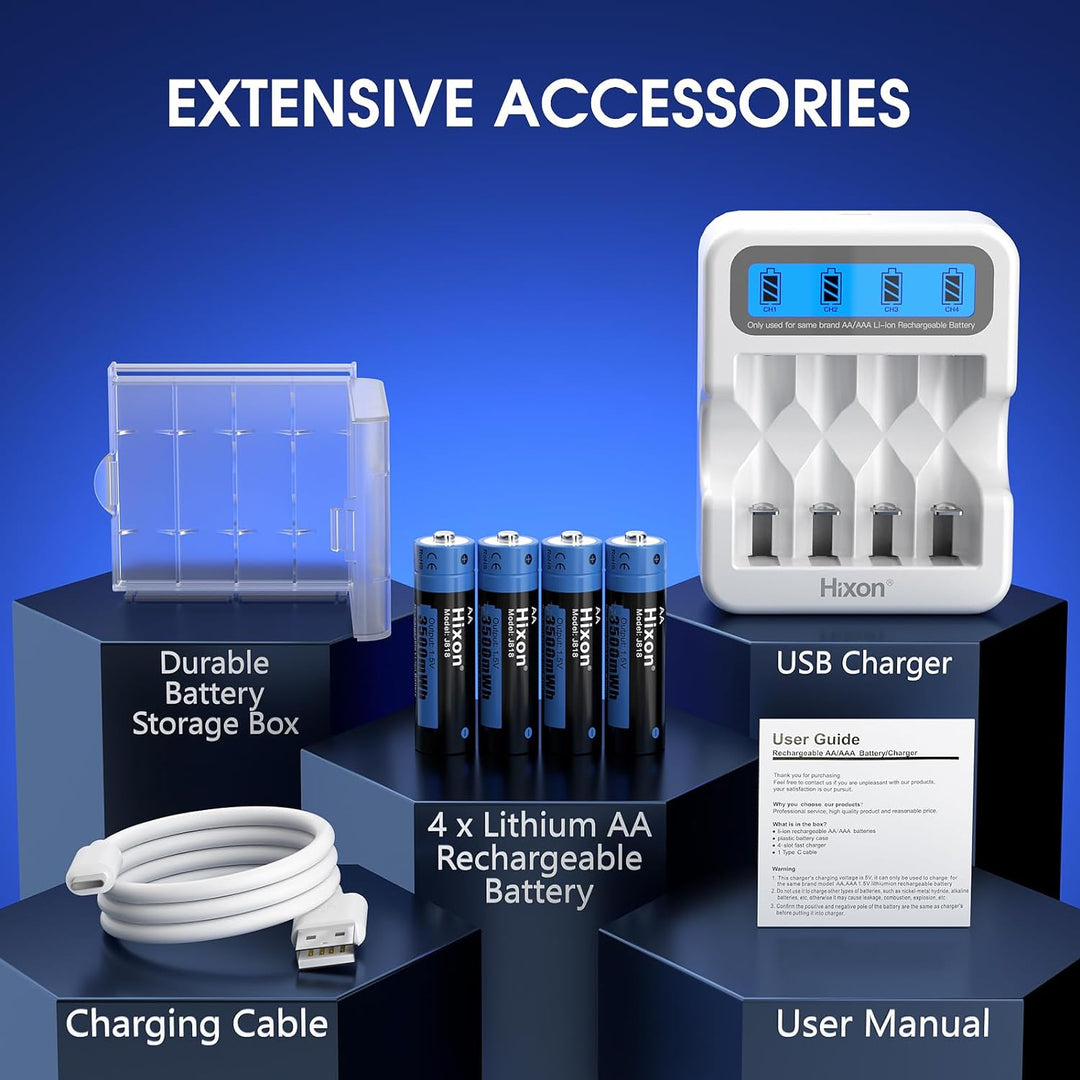Hixon Wiederaufladbare 1,5V AA Lithium Akku, 3500 mWh mit 1600 Langen Zyklen, 2,0 Stunden Schnelllad