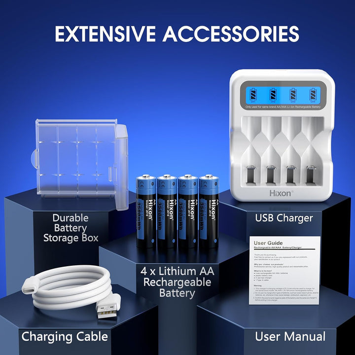 Hixon Wiederaufladbare 1,5V AA Lithium Akku, 3500 mWh mit 1600 Langen Zyklen, 2,0 Stunden Schnelllad