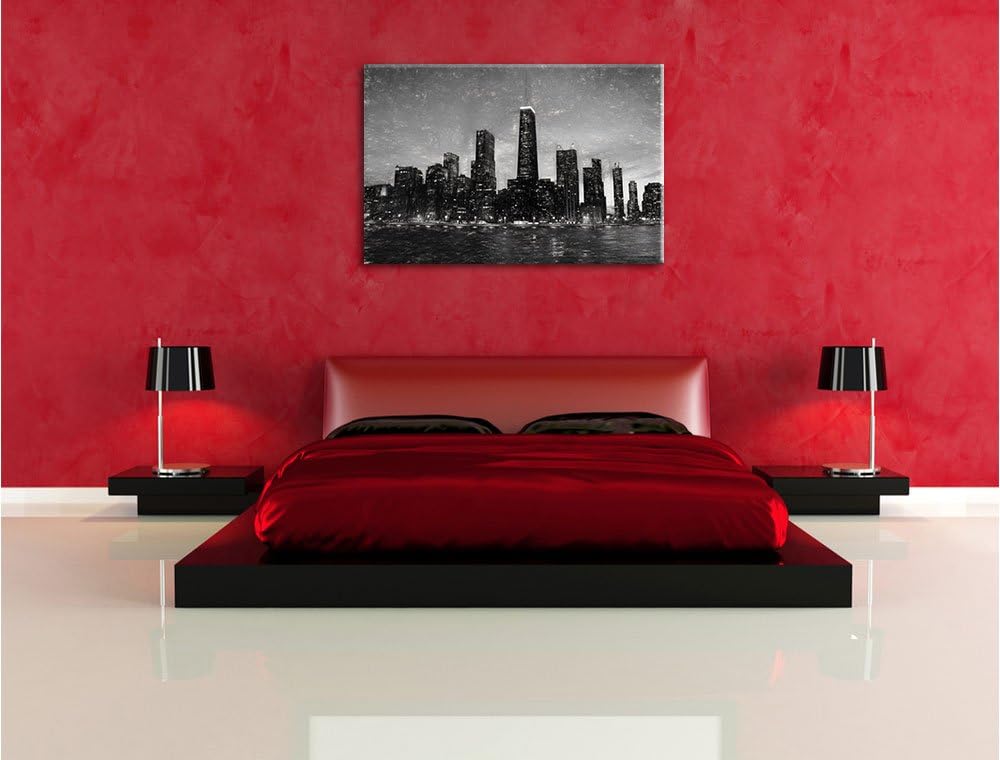 Pixxprint Chicago-Wolkenkratzer-Silhouette als Leinwandbild/Grösse: 100x70 cm/Wandbild/Kunstdruck/fe