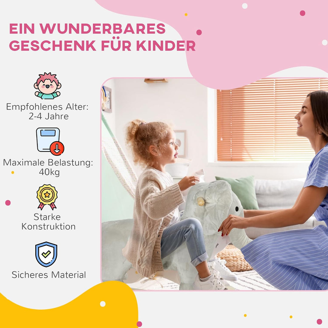 AIYAPLAY Schaukeltier Baby Schaukelelefant mit Soundfunktion und Griffen, Schaukelspielzeug mit Plüs