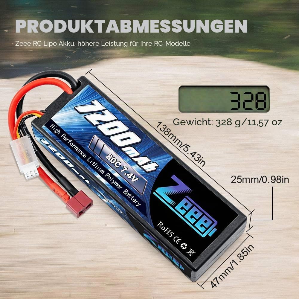 Zeee 2S Lipo Akku 7,4V 80C 7200mAh Hardcase Batterie mit T Stecker für RC Car RC Truck RC Auto Boot