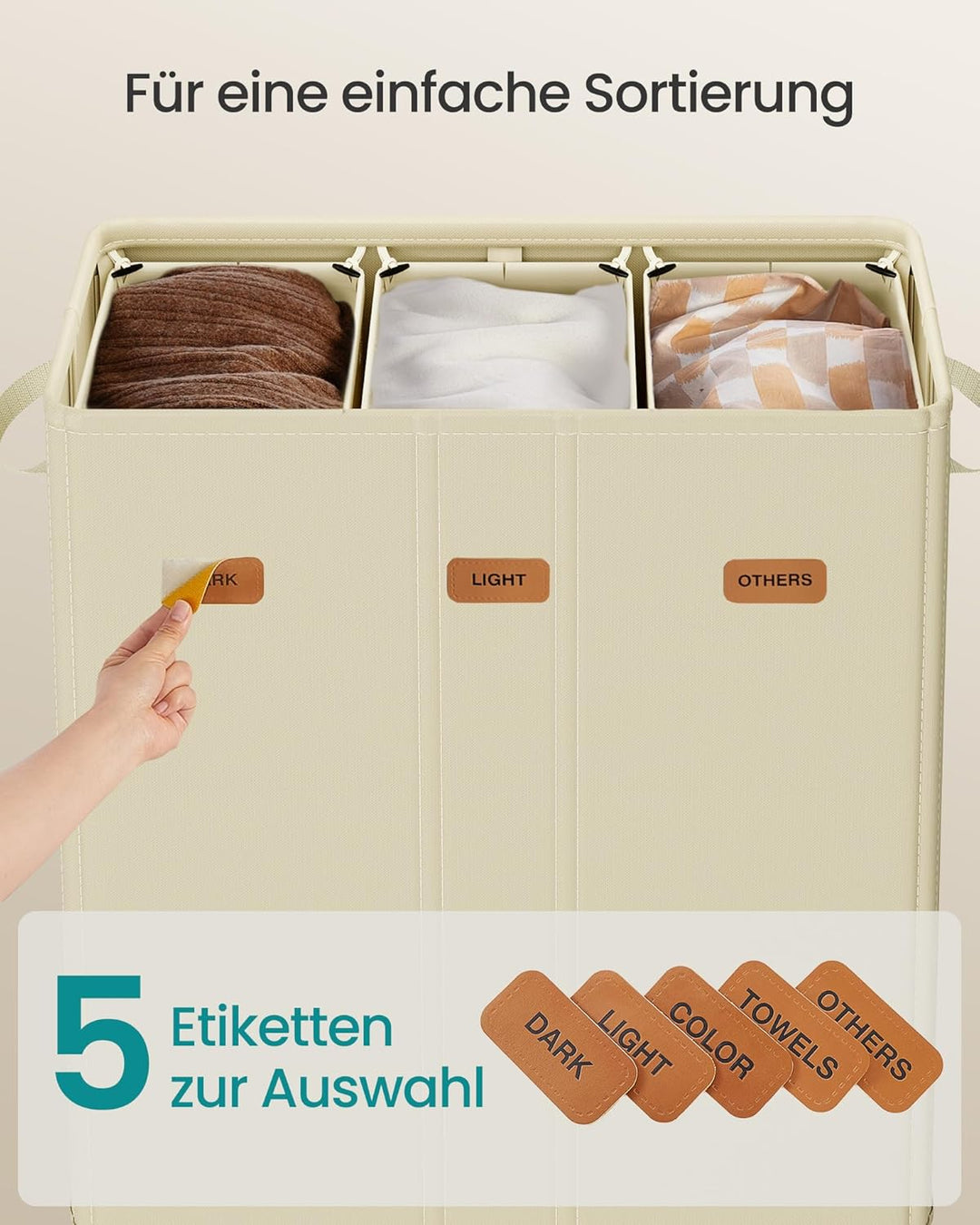 SONGMICS Wäschekorb mit 3 Fächern, 160 L, mit Deckel, 5 Etiketten, herausnehmbarer und waschbarer In