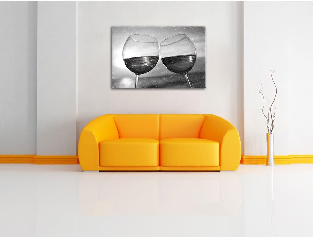 Pixxprint Weingläser im Sonnenuntergang am Meer Kohle Effekt, Format: 100x70 auf Leinwand, 100x70