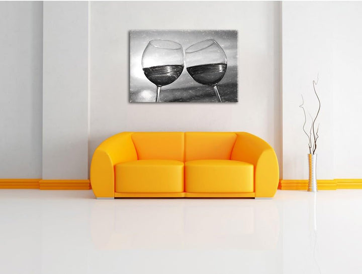 Pixxprint Weingläser im Sonnenuntergang am Meer Kohle Effekt, Format: 100x70 auf Leinwand, 100x70