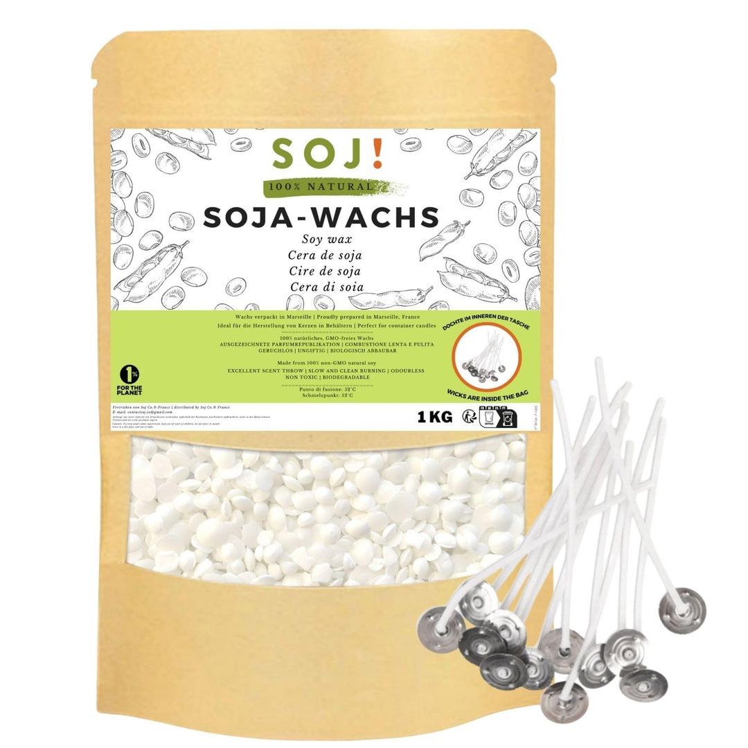 Sojawachs 1KG für Kerzen ohne GVO - Kerzenwachs zum Giessen - E-Book + 15 Dochte - verschiedene Grös