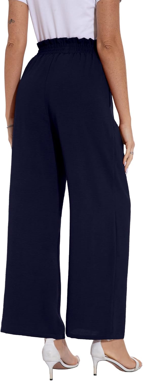 PrinStory Damen Hose Mit Weitem Bein Leichte Elastische Taille Sommer Hose Mit Taschen Kausale Arbei