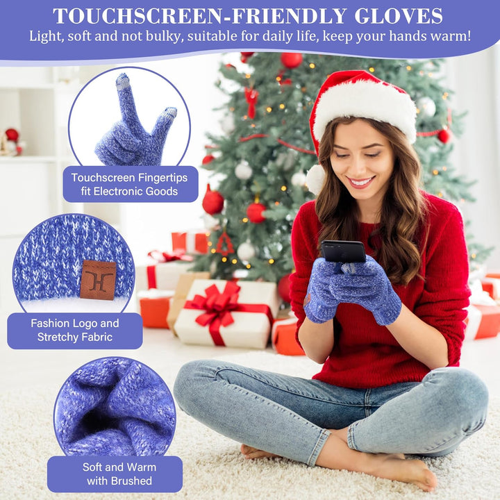 Bequemer Laden Damen Winter Warm Pompom Mütze Touchscreen Handschuhe Lang Schal Set mit Fleece Gefüt