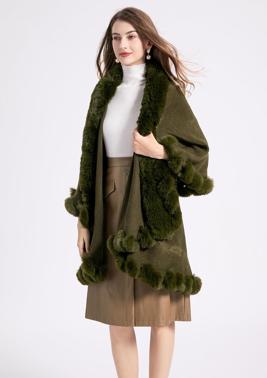 ZLYC Damen Winter Kunstpelz Poncho Strick Schal Stola Warm Cape Cardigan Einfarbig Armeegrün, Einfar