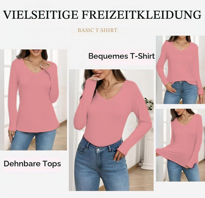 Chicrise Langarmshirt Damen V Ausschnitt Langarm Pullover Basic Eng Ribbed Oberteile, Rosa S