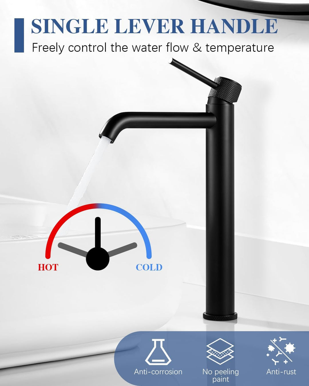 Wasserhahn Bad Schwarz Waschtischarmatur Hoch, Waschbecken Armatur Badezimmer, Einhebelmischer Misch