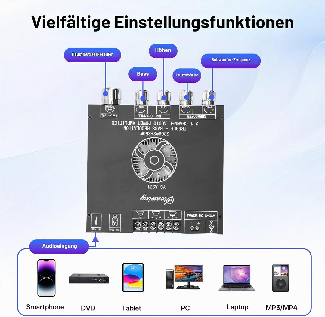 YS-AS21 HiFi Verstärker mit Bluetooth Mini Stereo-Audioverstärker 2.1 Kanal 220W x2 + 350W Stereo Mi