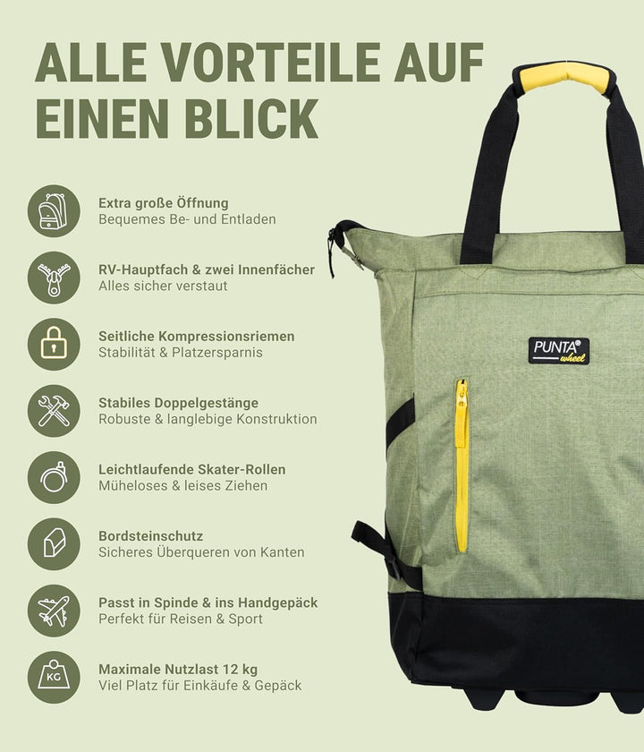 Punta® Einkaufstrolley 33L Hellgrün | Einkaufstrolley modern mit Skater-Rollen – leise & leichtgängi