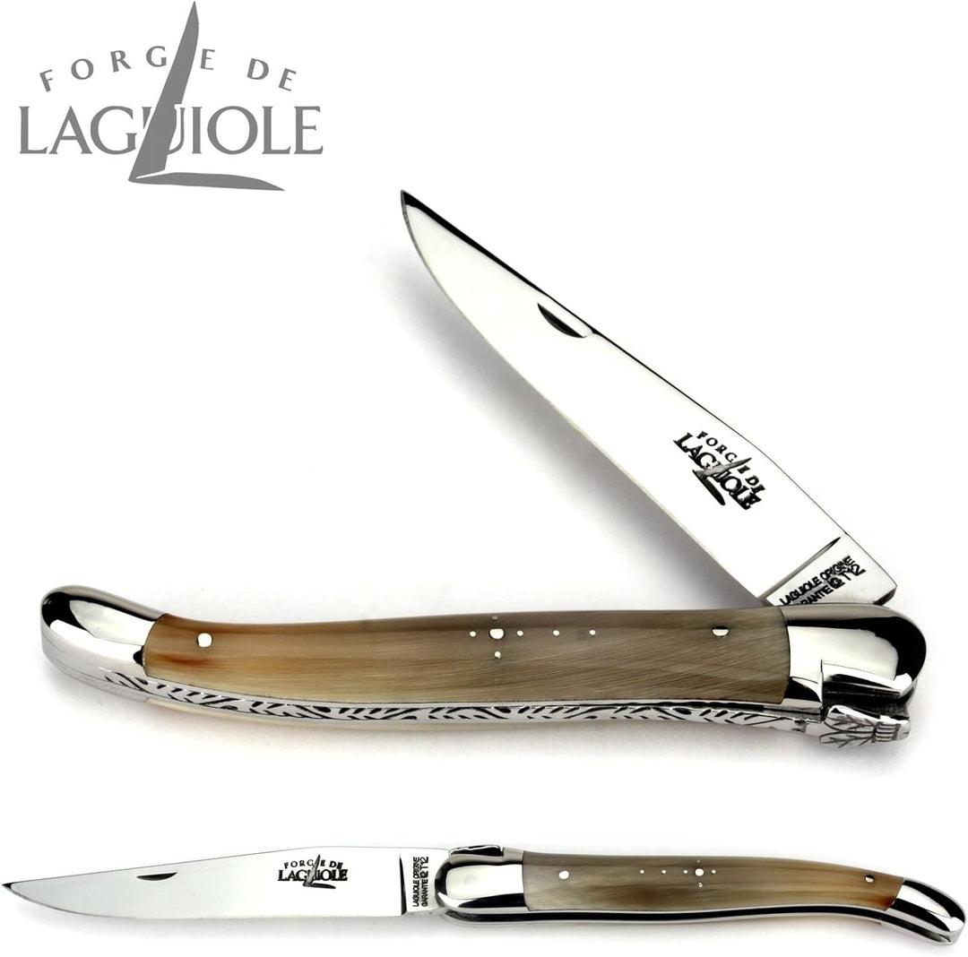 Forge de Laguiole Taschenmesser - 12 cm - Griff geflammte Hornspitze - Klinge 10 cm glänzend - Backe