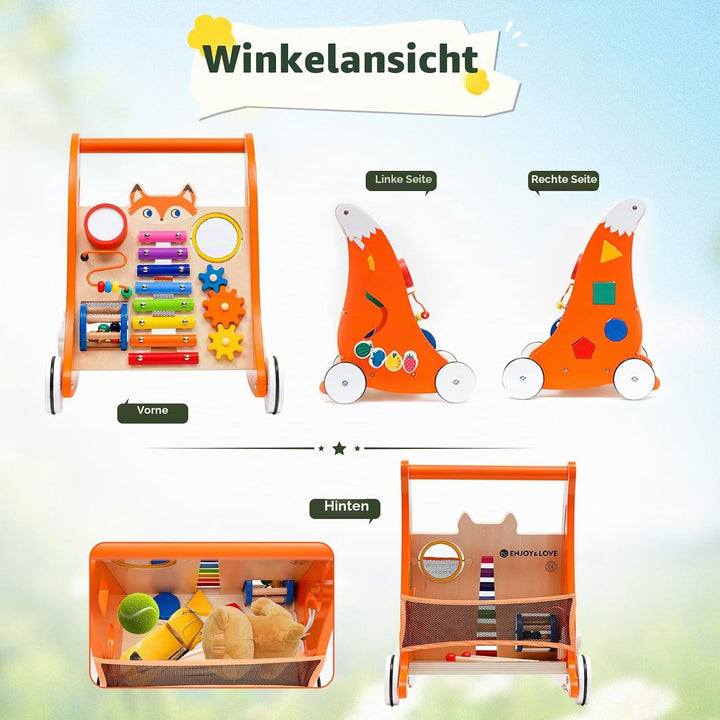 Lauflernwagen Holz für Kleinkinder, Multifunktionale Lauflernhilfe mit Spielbrett und Musik, Laufler