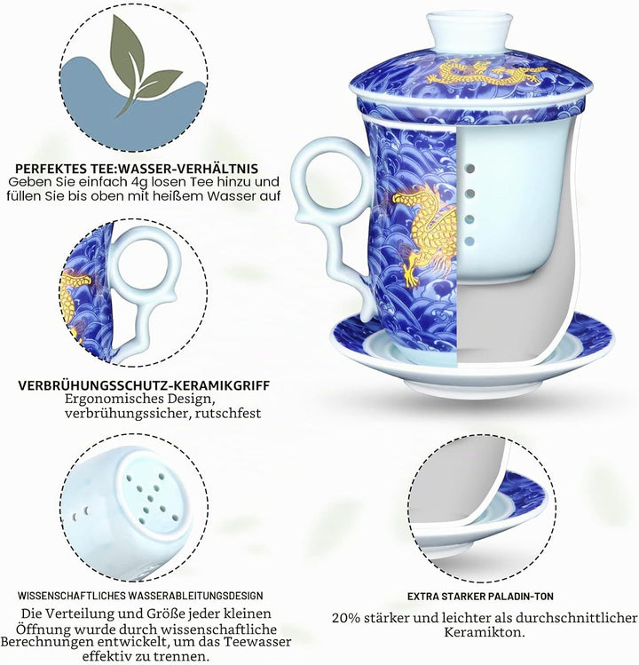 YURROAD 400ml Chinesische Teetasse, 4 in 1 Tee Becher Porzellan mit Sieb/Infusor/Deckel und Untertas
