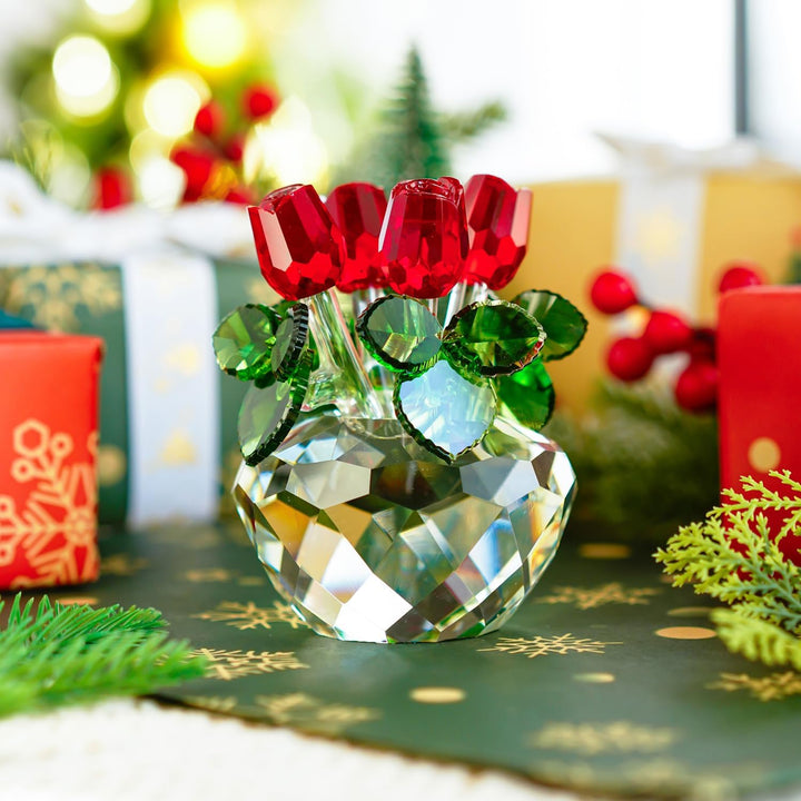 H&D Deko-Blumenstrauss aus Kristallglas rote Rosen mit Geschenkbox, Rot