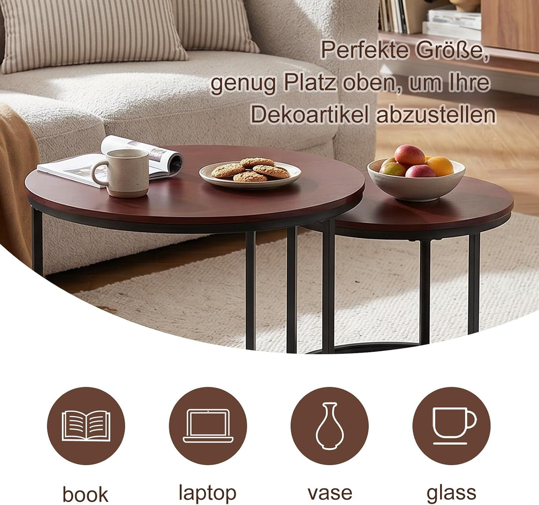 Couchtisch 2er Set, Moderne Couch Tisch mit Schwarz Metallgestell, Couchtisch Eiche, Couchtische Run