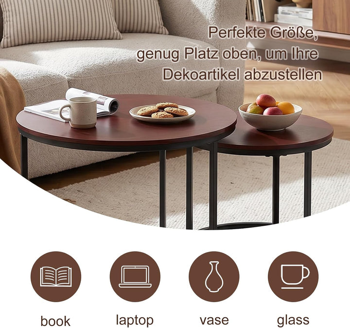 Couchtisch 2er Set, Moderne Couch Tisch mit Schwarz Metallgestell, Couchtisch Eiche, Couchtische Run
