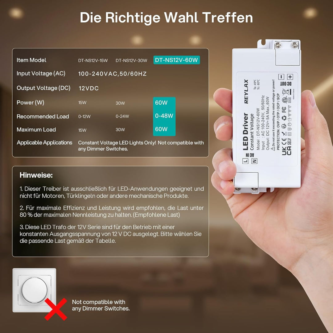 REYLAX LED Transformator 12V 60W, Treiber Elektronischer Trafo, 5A Trafo 230V Auf 12V DC Schalt Nied