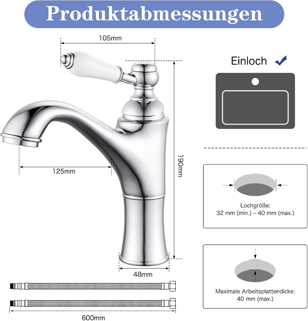 Wasserhahn Bad Chrom, Waschtischarmatur Mischbatterie Waschbecken Armaturen, Einhebel-Badezimmer mit