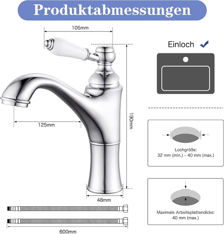 Wasserhahn Bad Chrom, Waschtischarmatur Mischbatterie Waschbecken Armaturen, Einhebel-Badezimmer mit