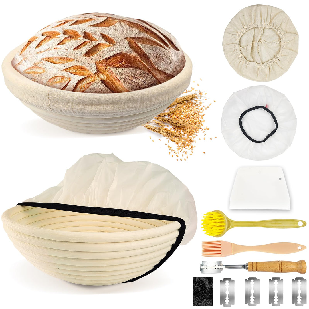 Gärkorb Brot Set, Gärkörbchen Rund 23 cm aus Natürlichem Rattan, Inklusive Bäckermesser, Bäckerleine