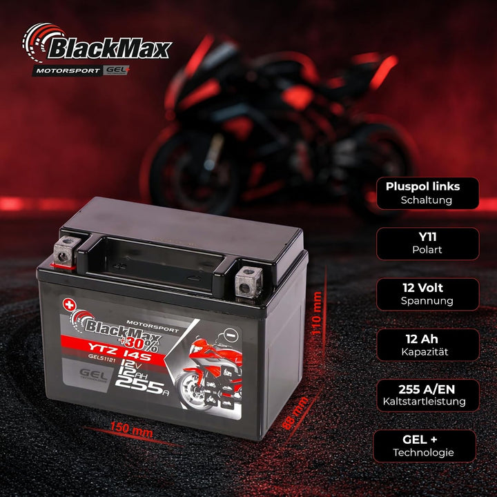 BlackMax YTZ14S Motorradbatterie GEL 12V 12Ah YTZ14-4 Batterie GTZ14-4 YTZ14-S 12Ah - 255A - YTZ14S,