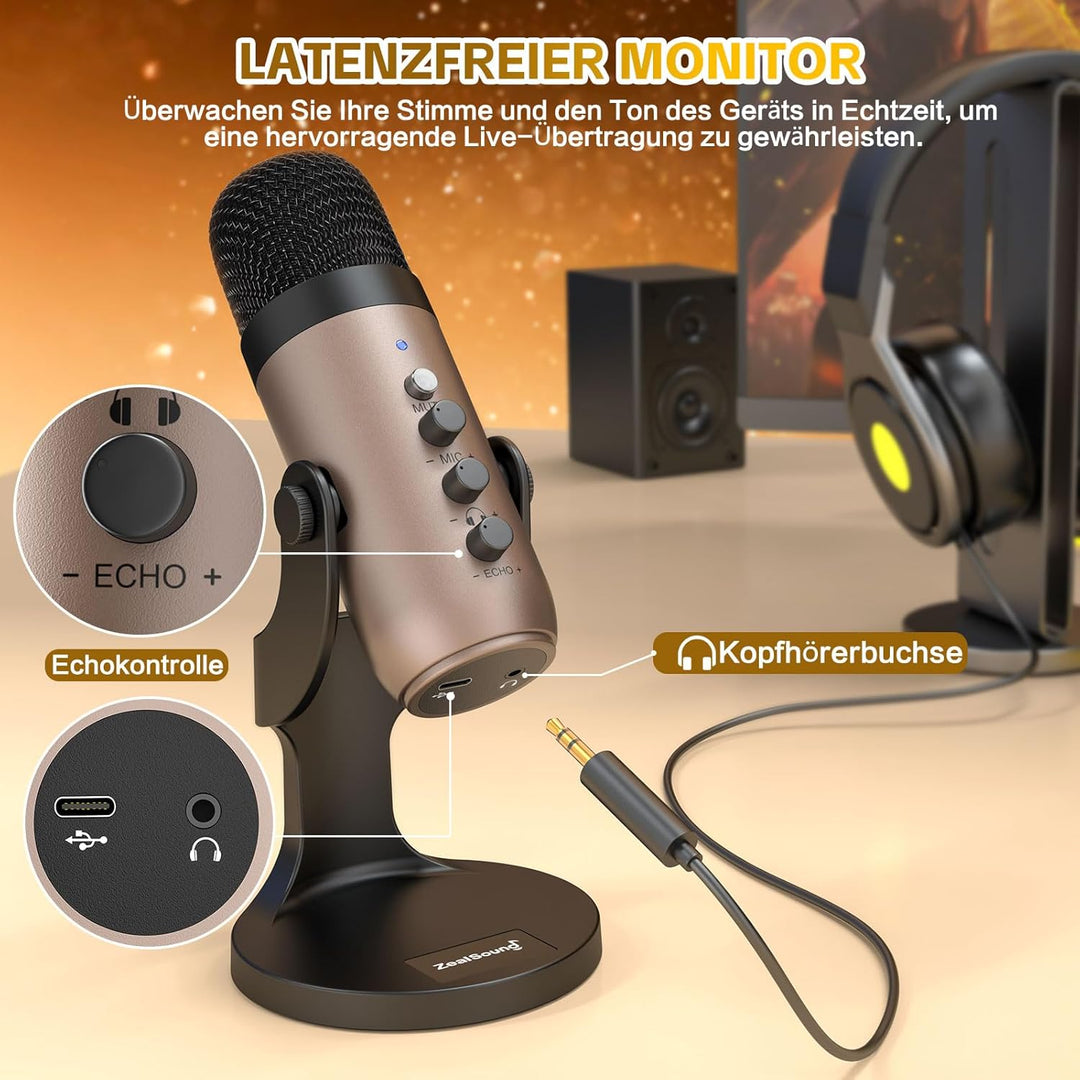 zealsound USB Mikrofon PC, k66 Gold Podcast Mikrofon für PC Handy PS4&5, Kondensator Microphone mit