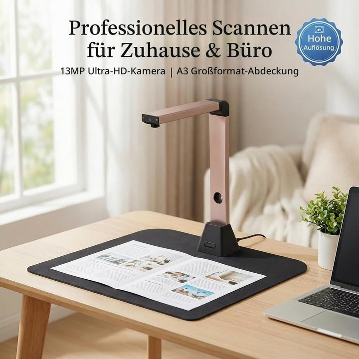 A3 Tragbarer Dokumentenscanner: 13MP Hochauflösende Dokumentenkamera mit OCR für 130 Sprachen Kurven