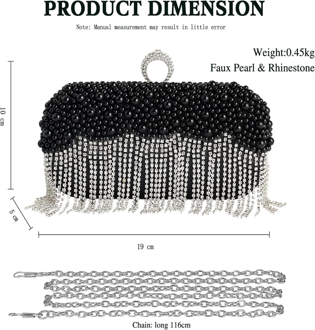 CORIOS Damen Clutch Perlen Strass Fransen Abendtasche Braut Handtasche Abnehmbarer Kette Umhängetasc