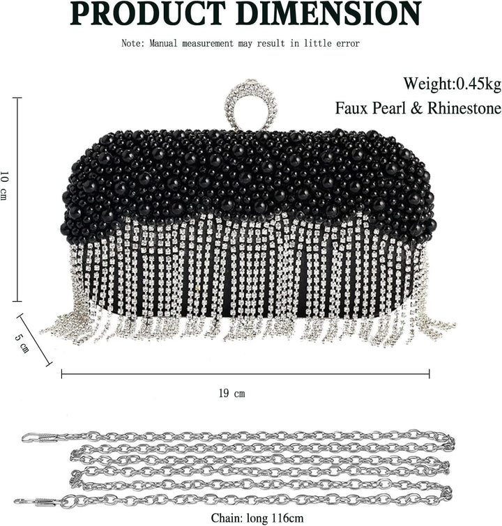 CORIOS Damen Clutch Perlen Strass Fransen Abendtasche Braut Handtasche Abnehmbarer Kette Umhängetasc