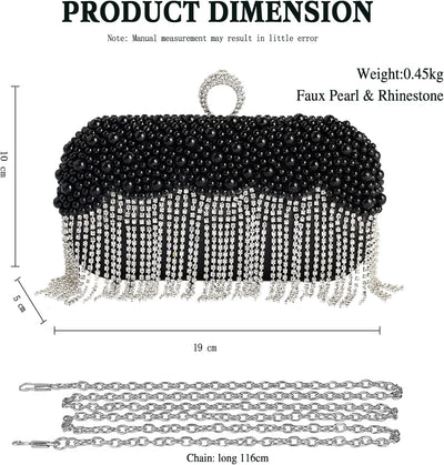 CORIOS Damen Clutch Perlen Strass Fransen Abendtasche Braut Handtasche Abnehmbarer Kette Umhängetasc