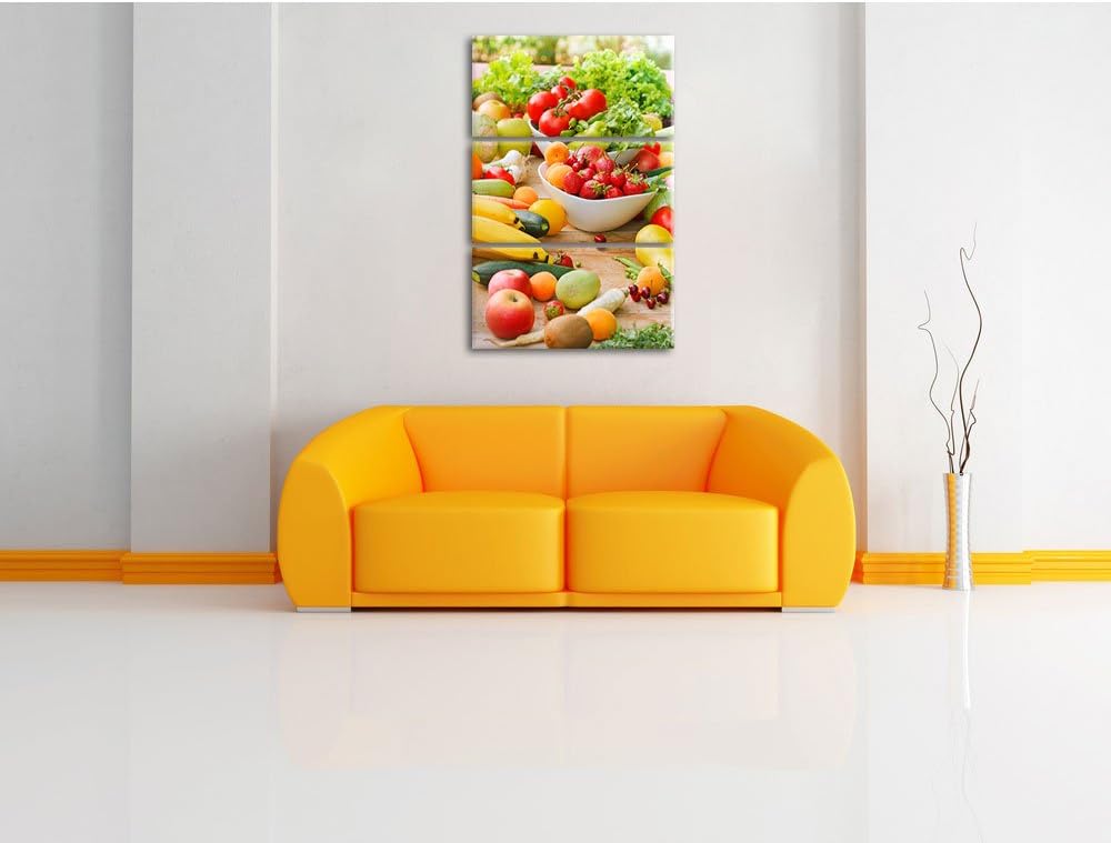 Pixxprint Buntes Obst und Gemüse als Leinwandbild - Grösse: 3-Teilig (120x80cm) - Wandbild - Kunstdr