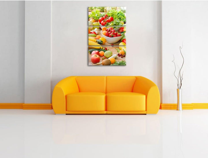 Pixxprint Buntes Obst und Gemüse als Leinwandbild - Grösse: 3-Teilig (120x80cm) - Wandbild - Kunstdr