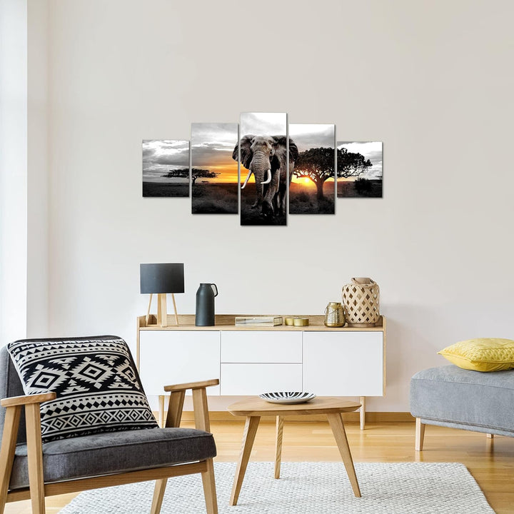 Runa Art Wandbilder Afrika Elefant 5 Teilig Bild auf Vlies Leinwand Deko Wohnzimmer Schlafzimmer Pan