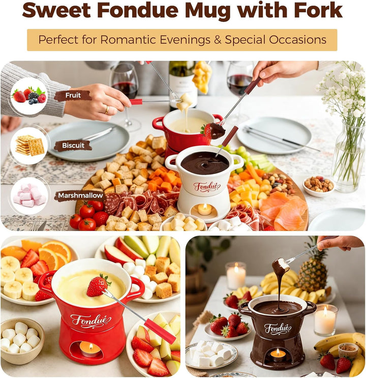 Yoassi 2 Stück Keramik Käsefondue Set, Mini Schokoladenfondue Tasse, Käsebecher mit 8 Gabeln, Schmel