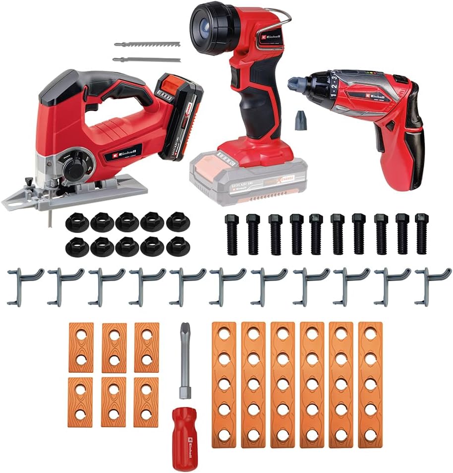 Einhell E-Case Werkbank 110-tlg., inkl. Mini-Schrauber, Stichsäge, Akku-Lampe und reichlich Zubehör,