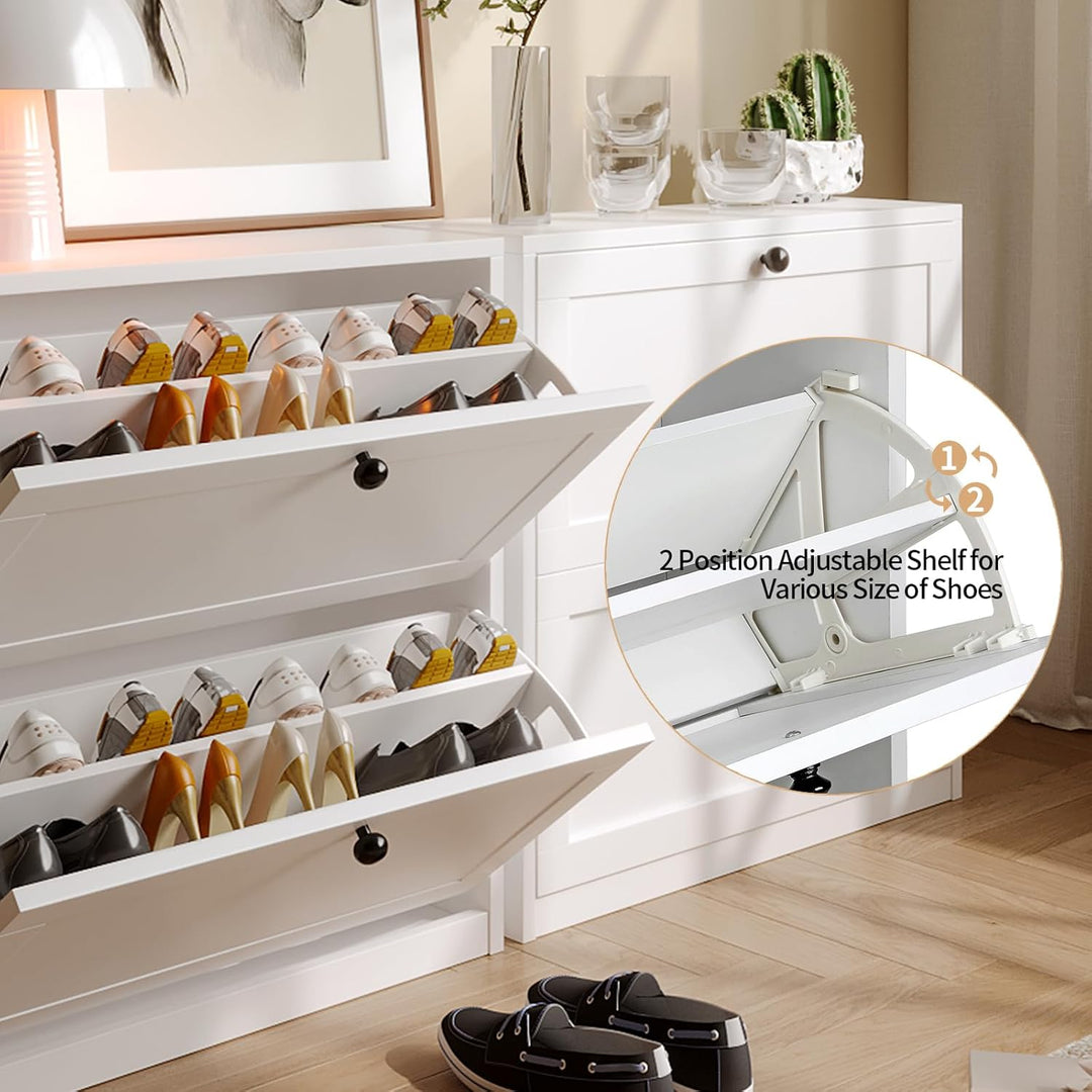 VOWNER Schuhschrank mit 2 Klappen, Schuhregal Schuhkipper Schmal, mit 4 Fächern, Schuhschrank Weiss,