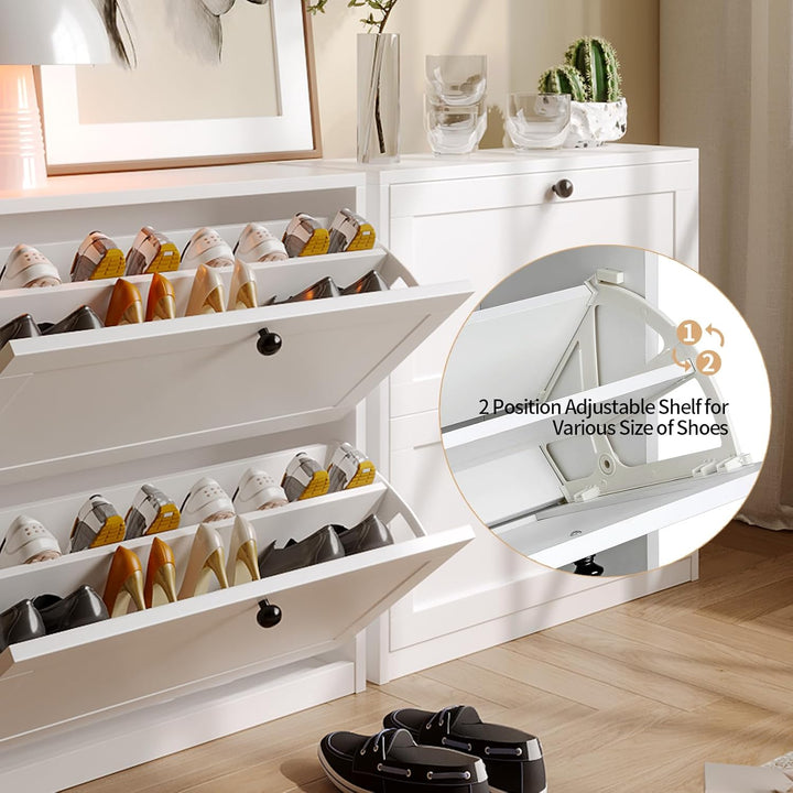 VOWNER Schuhschrank mit 2 Klappen, Schuhregal Schuhkipper Schmal, mit 4 Fächern, Schuhschrank Weiss,