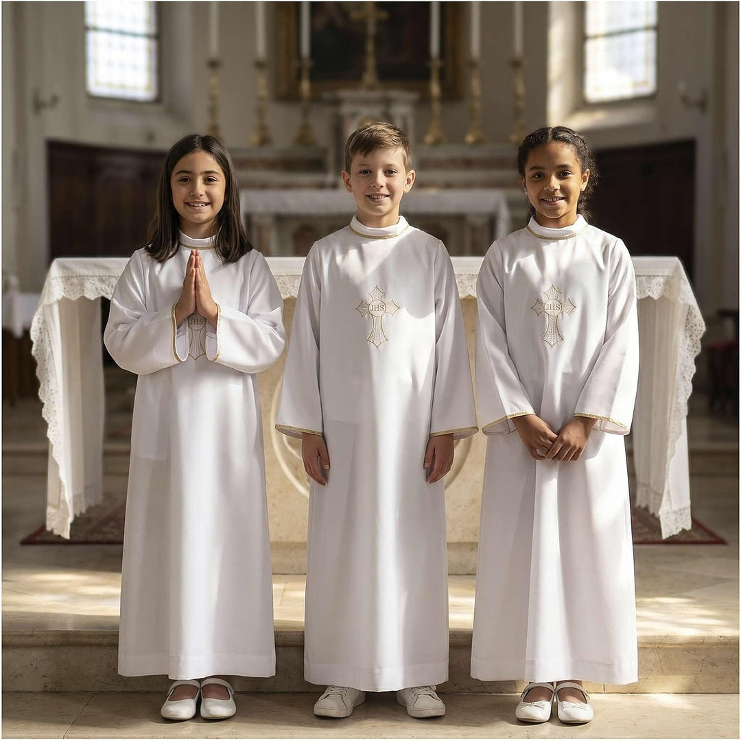 Holyart Erstkommunionalbe für Jungen mit Kreuz-Stickerei IHS, 110 cm (43.5 inc.), 110 cm (43.5 inc.)