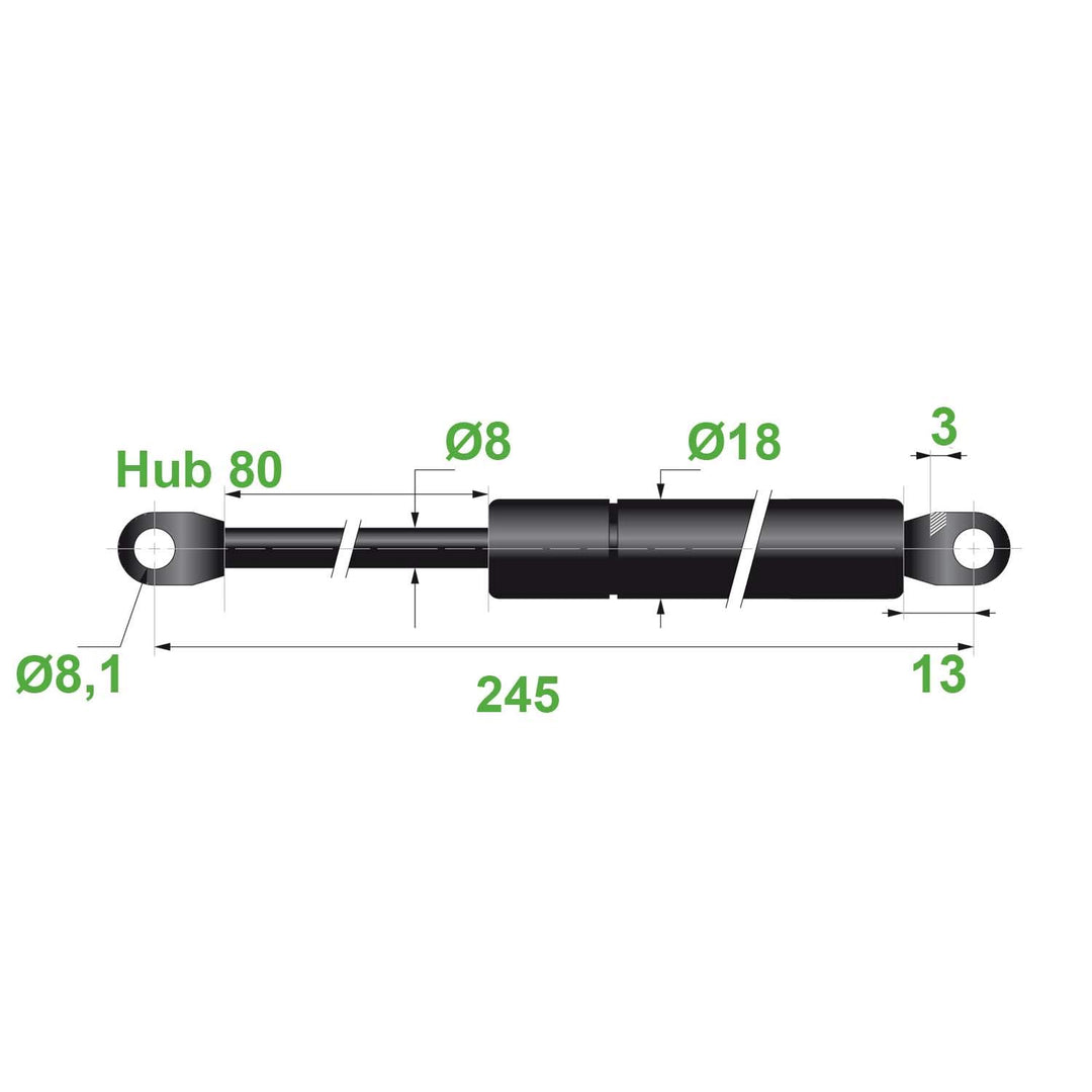 Trupa Gasdruckfeder 8/18 Schwarz 8,1 mm Hub 80 mm L 245 mm 300N