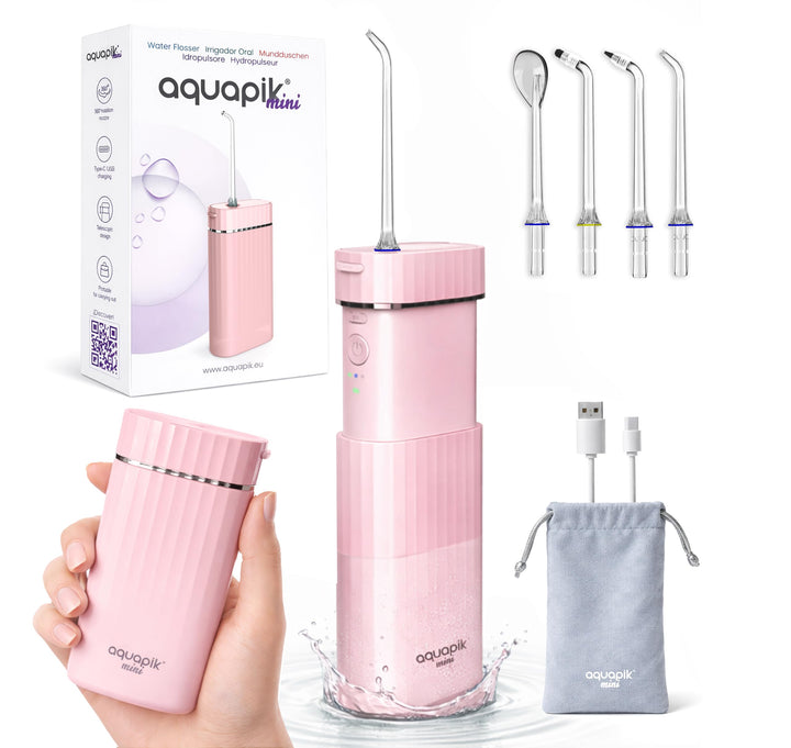 Aquapik® Mini tragbare, wiederaufladbare Munddusche Oral Irrigator 200 ml mit Teleskoptank, USB-C, 3