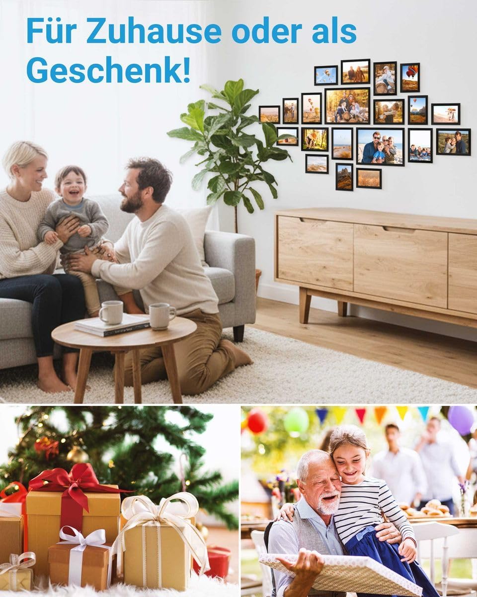 PHOTOLINI Schwarze Bilderrahmen Set verschiedene Grössen, Bilderwand Collage 20 Rahmen, Bilderrahmen
