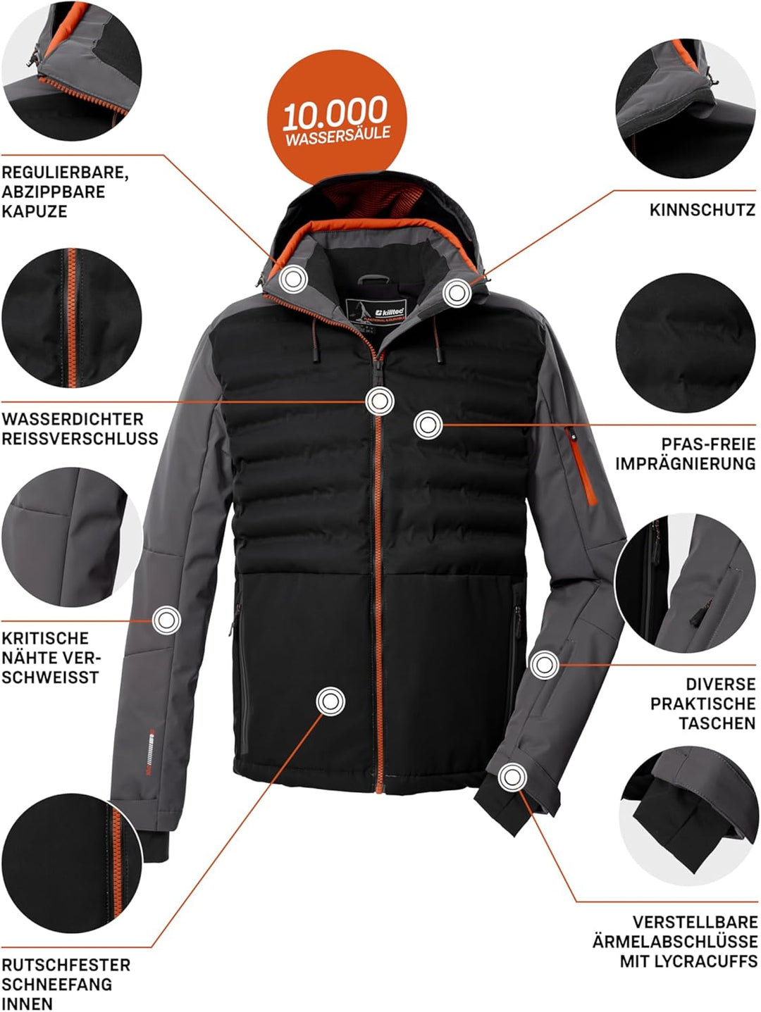 Killtec Herren Ksw 72 Mn Ski Jckt Hybridjacke/Steppjacke mit abzipbarer Kapuze und Schneefang S Schw
