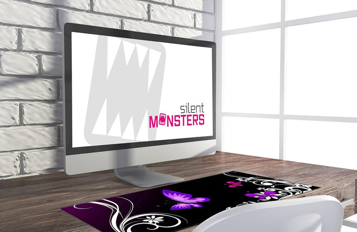 Silent Monsters Mauspad XXL 900 x 400 mm grosses Mousepad Schmetterling lila - Vernähter Rand - ruts