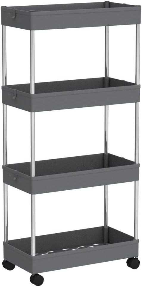 SONGMICS Rollwagen, Küchenwagen, Küchenregal, Nischenregal, mit 6 Haken, 360° drehbare Räder, Stahlg