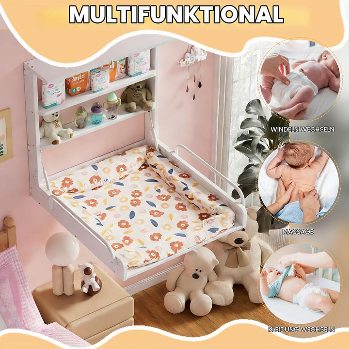 MSFE Wickelkommode Wickeltisch Klappbar, Baby Changing Table Wandwickeltisch mit 3 Regalfächern, Wic