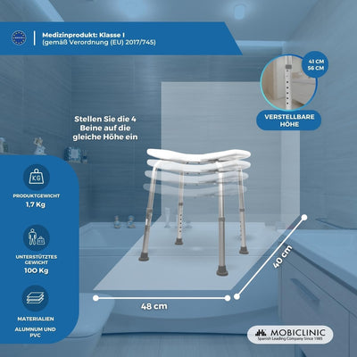 Mobiclinic, Duschhocker, Bahía, Orthopädisch, Europäische Marke, Höhenverstellbar, U-Sitz, rutschfes