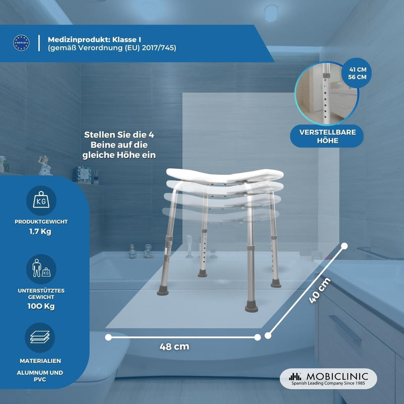 Mobiclinic, Duschhocker, Bahía, Orthopädisch, Europäische Marke, Höhenverstellbar, U-Sitz, rutschfes